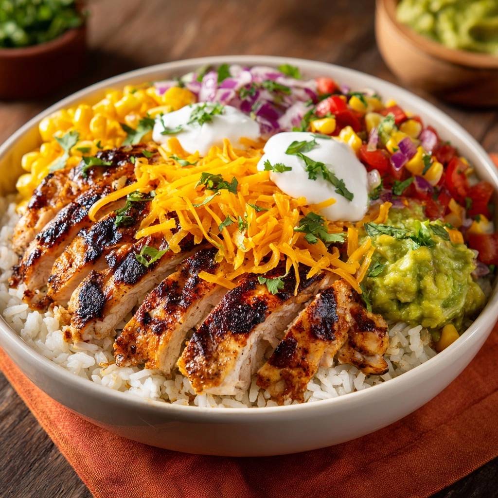 Grilled chicken burrito bowl with sliced chicken, rice, corn, pico de gallo, and guacamole, shown from a slightly overhead angle.