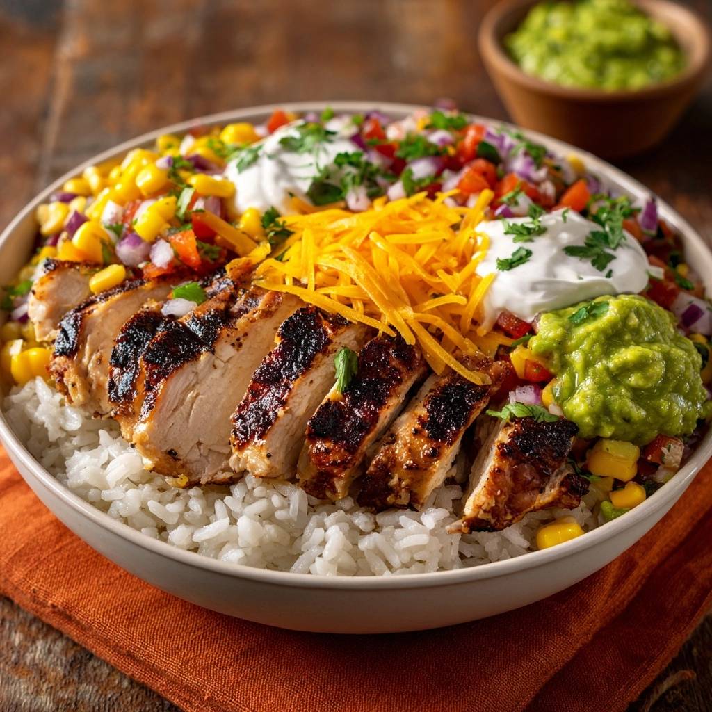 Grilled chicken burrito bowl sliced and topped with rice, corn, cheese, and guacamole