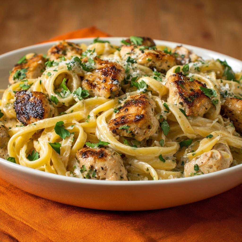 Grilled chicken fettuccine alfredo served in a white bowl, garnished with parsley and parmesan cheese.