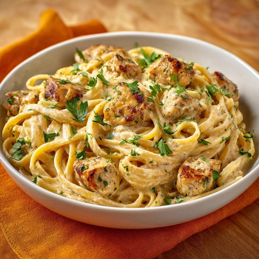 Grilled Chicken Fettuccine Alfredo served in a white bowl, garnished with parsley, with a close-up view of the creamy pasta and chicken.