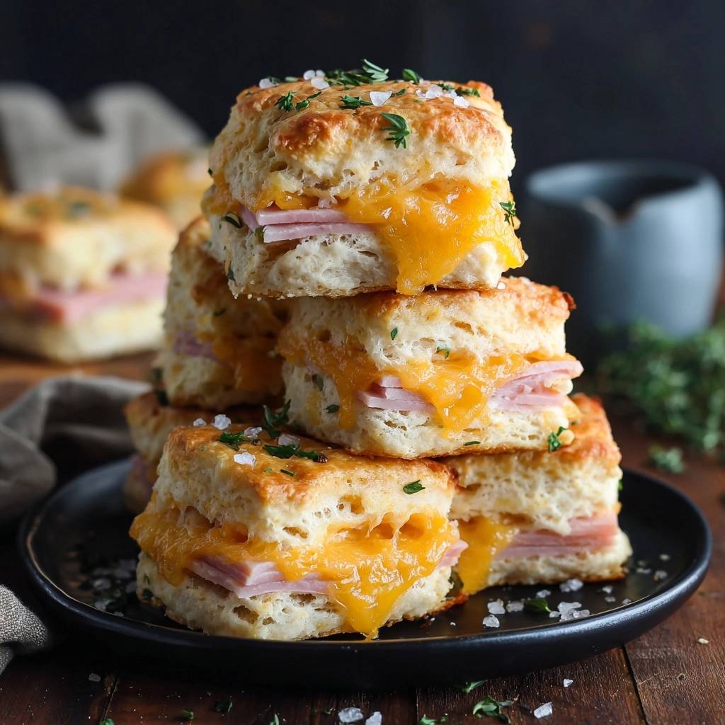 Flaky ham and cheese biscuits stacked high, with melted cheddar oozing out and fresh thyme garnish.