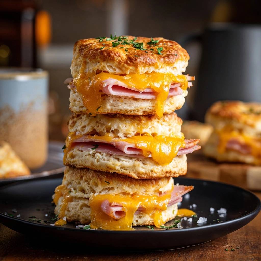 Flaky ham and cheese biscuits featuring a tall stack with melted cheddar and fresh herbs.