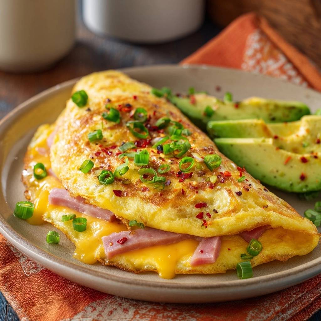 Ham, cheese & green onion omelette plated with sliced avocado and garnished with red pepper flakes.