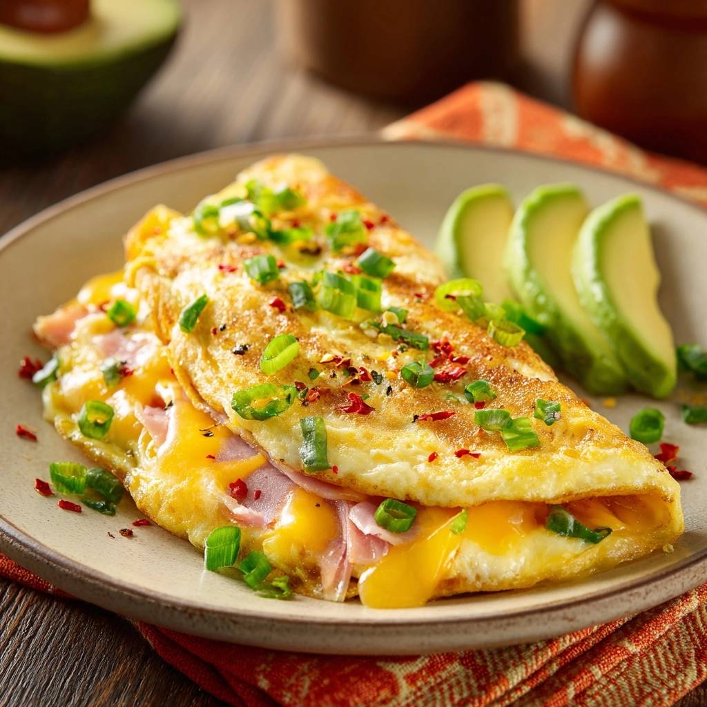 Ham, cheese, and green onion omelette plated with sliced avocado and garnished with chili flakes.