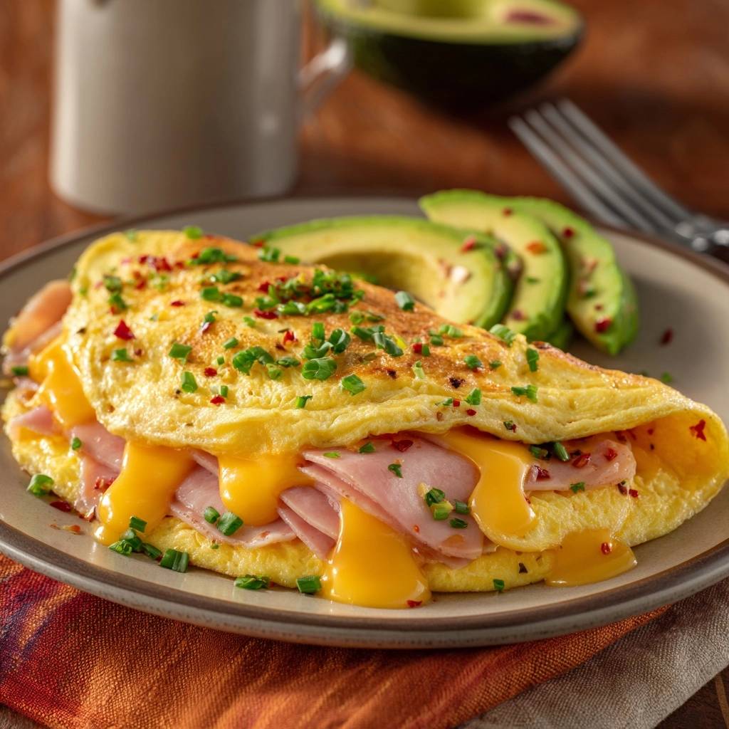 Gooey ham & cheese omelette with a close-up view of the melted cheese filling.