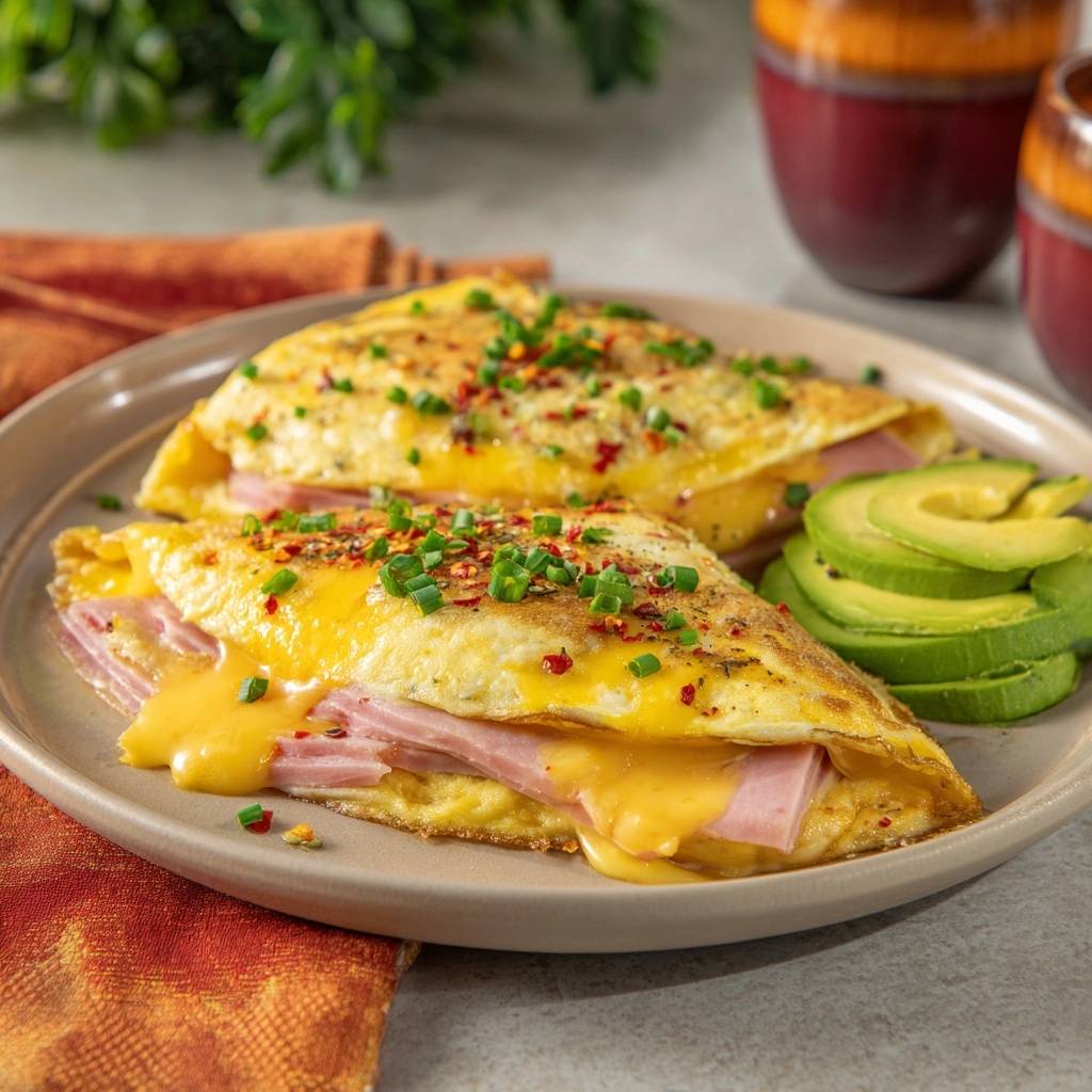 Gooey ham &amp; cheese omelette with melted cheddar and avocado slices on a plate.