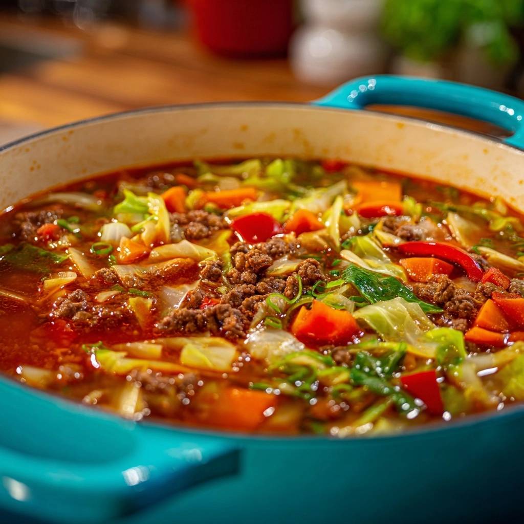 Hearty beef cabbage soup close-up shows the texture of tender ground beef and crisp vegetables in a rich broth.