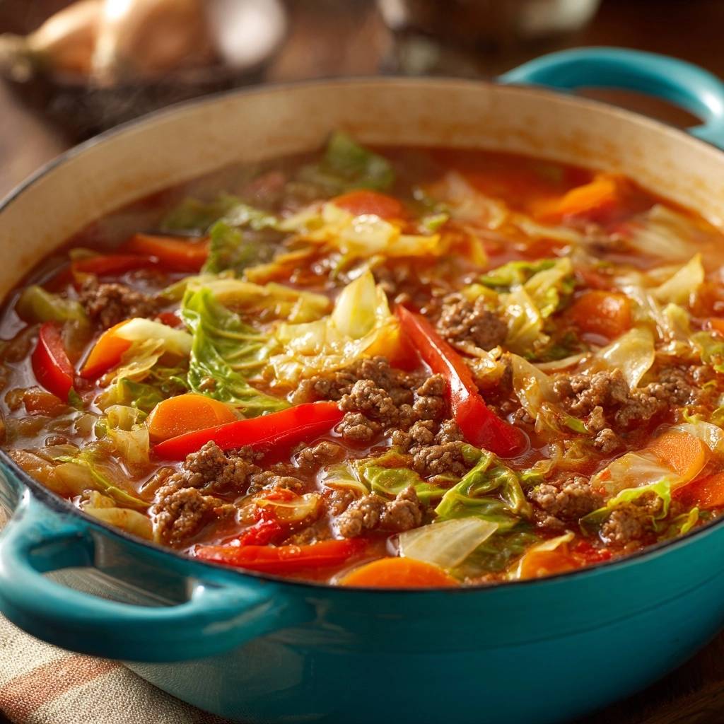 Hearty beef cabbage soup steaming in a blue pot, showing ground beef, shredded cabbage, and sliced carrots.