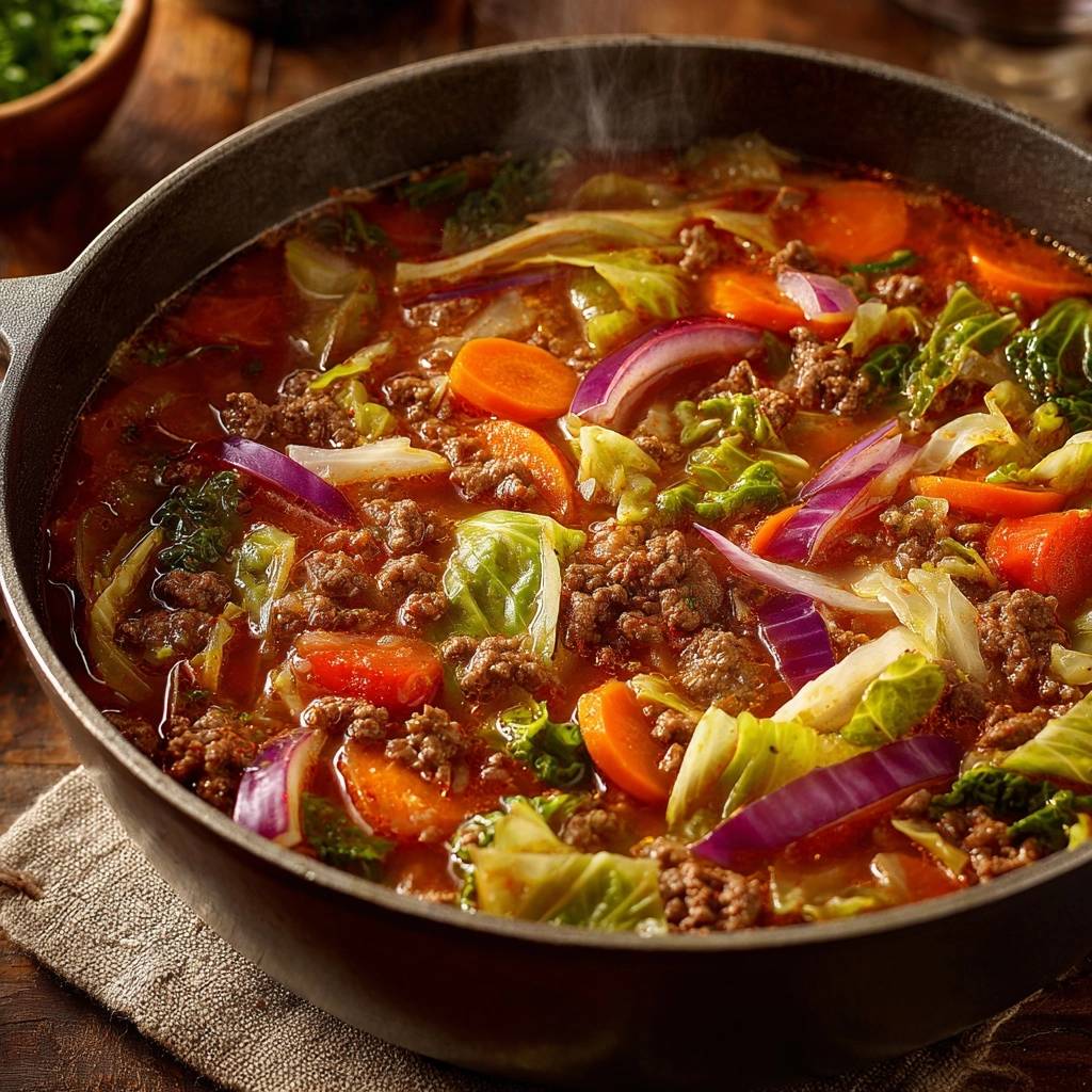 Hearty beef cabbage stew with visible chunks of beef, cabbage, carrots, and red onion in a rich broth, showing a close-up of its texture.