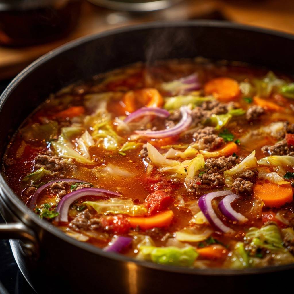 Hearty beef cabbage stew steaming in a pot, showing chunks of beef, cabbage, carrots, and red onion.