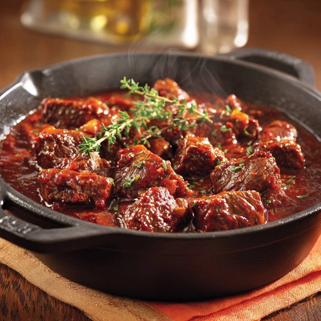 Hearty tomato beef stew with fork-tender beef steaming in a black cast-iron skillet, garnished with fresh thyme.