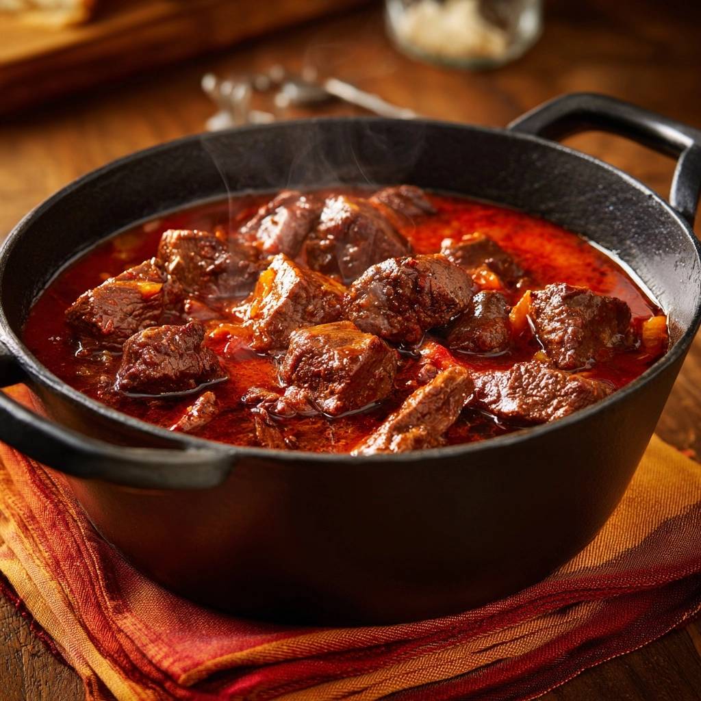 Hearty tomato beef stew with fork-tender beef steaming in a black Dutch oven on a rustic table.