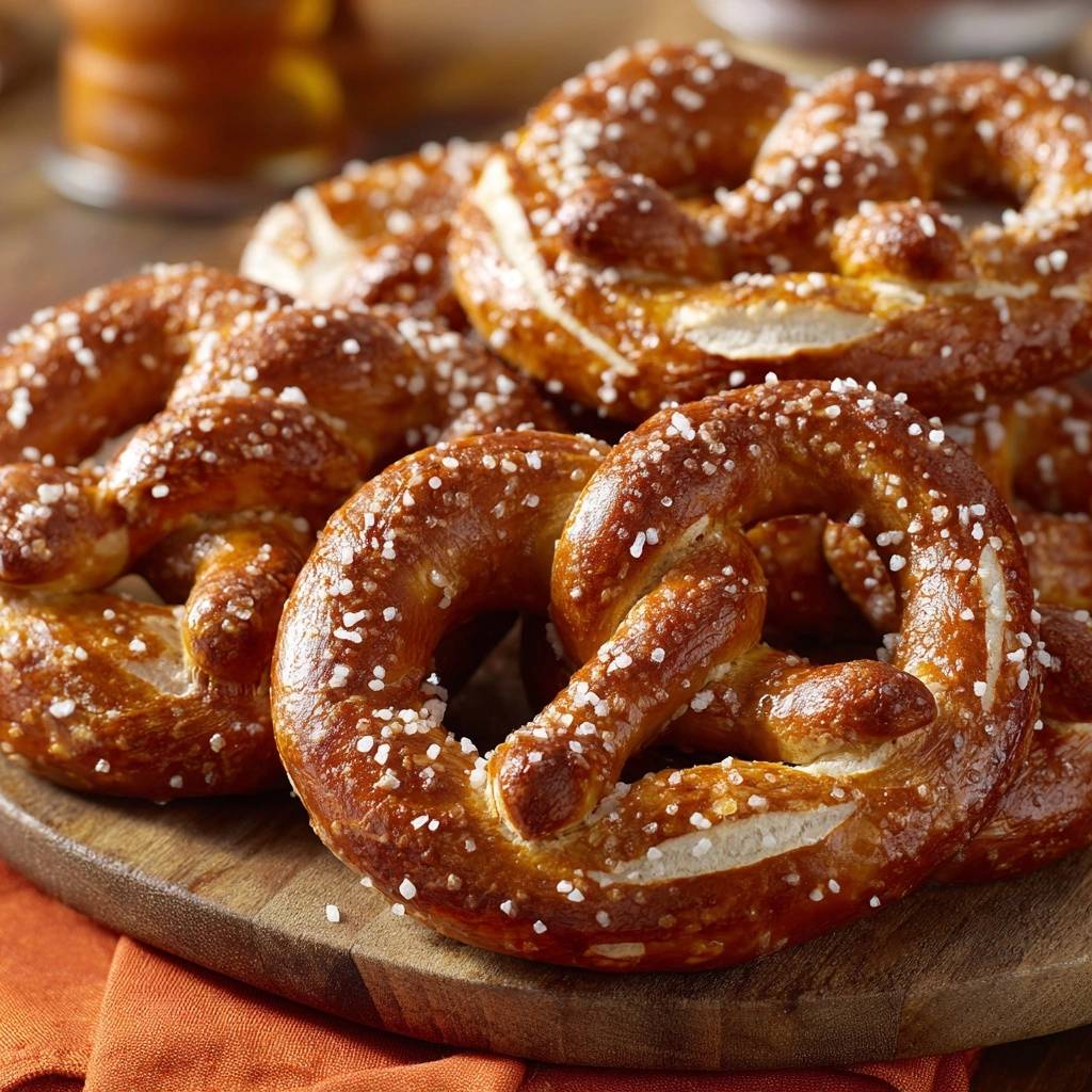Homemade soft pretzels piled high on a wooden board, showcasing their golden-brown crust and coarse salt topping.
