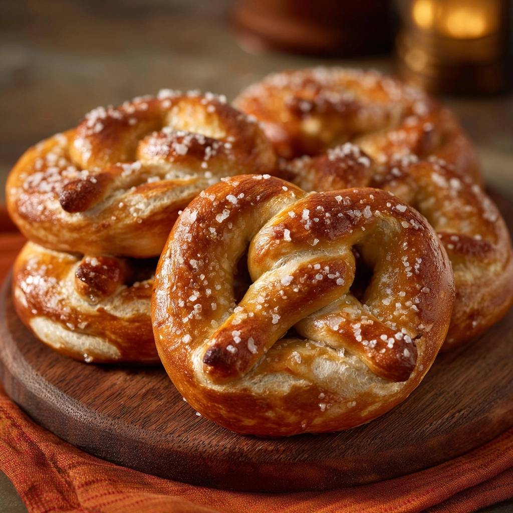 Homemade soft pretzels are stacked on a wooden board, sprinkled with coarse salt, showcasing their golden-brown crust.