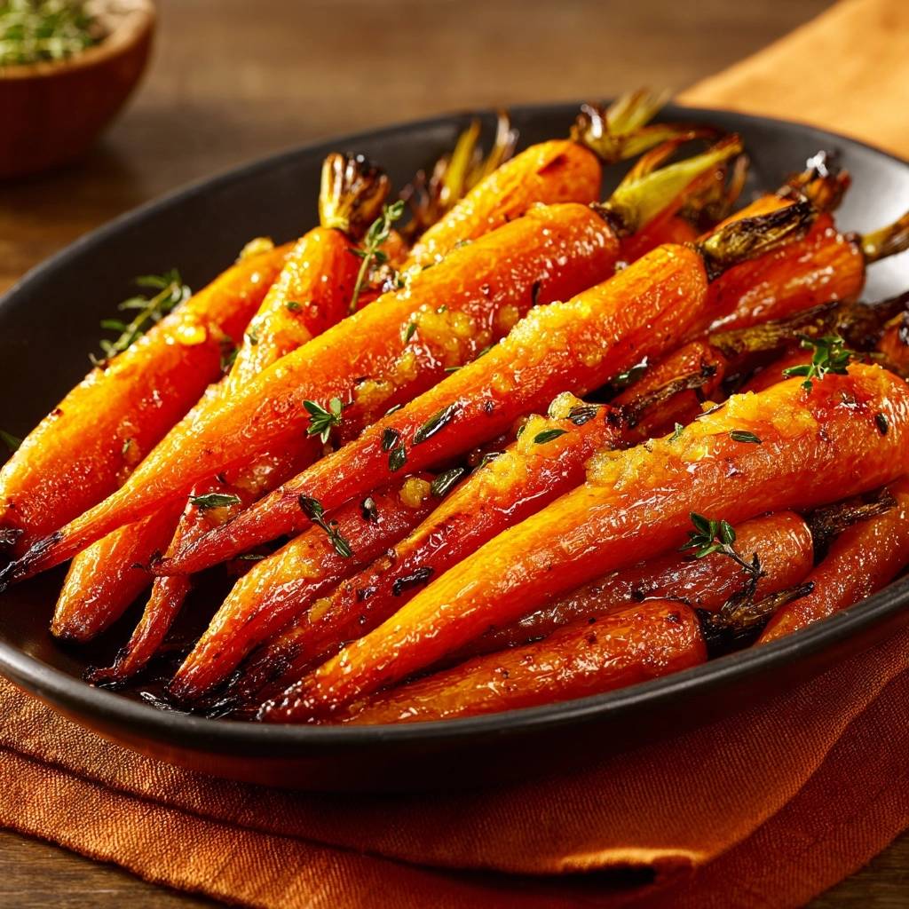 Honey garlic roasted carrots with fresh thyme and a glistening glaze, presented in a dark bowl.