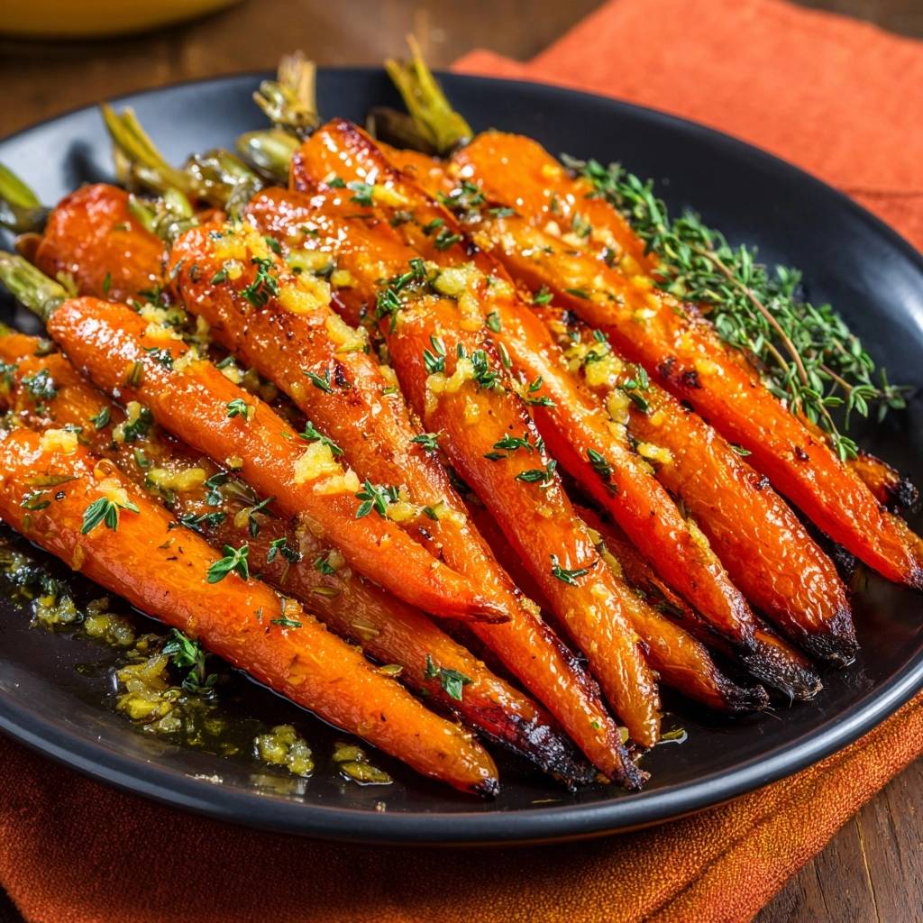 Honey garlic roasted carrots recipe shown in a close-up view, highlighting the glistening glaze and fresh herb garnish.