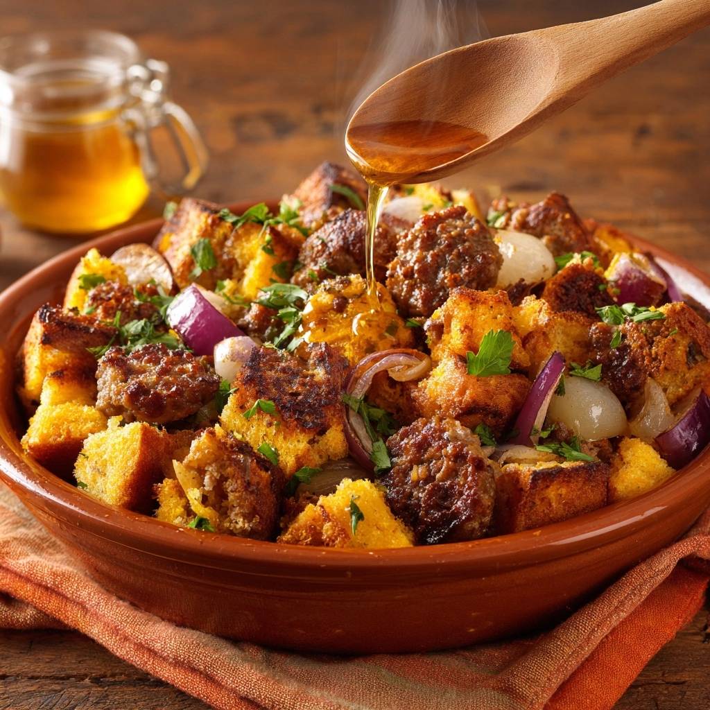 Honey-glazed meatball cornbread stuffing being drizzled with a golden glaze from a wooden spoon.