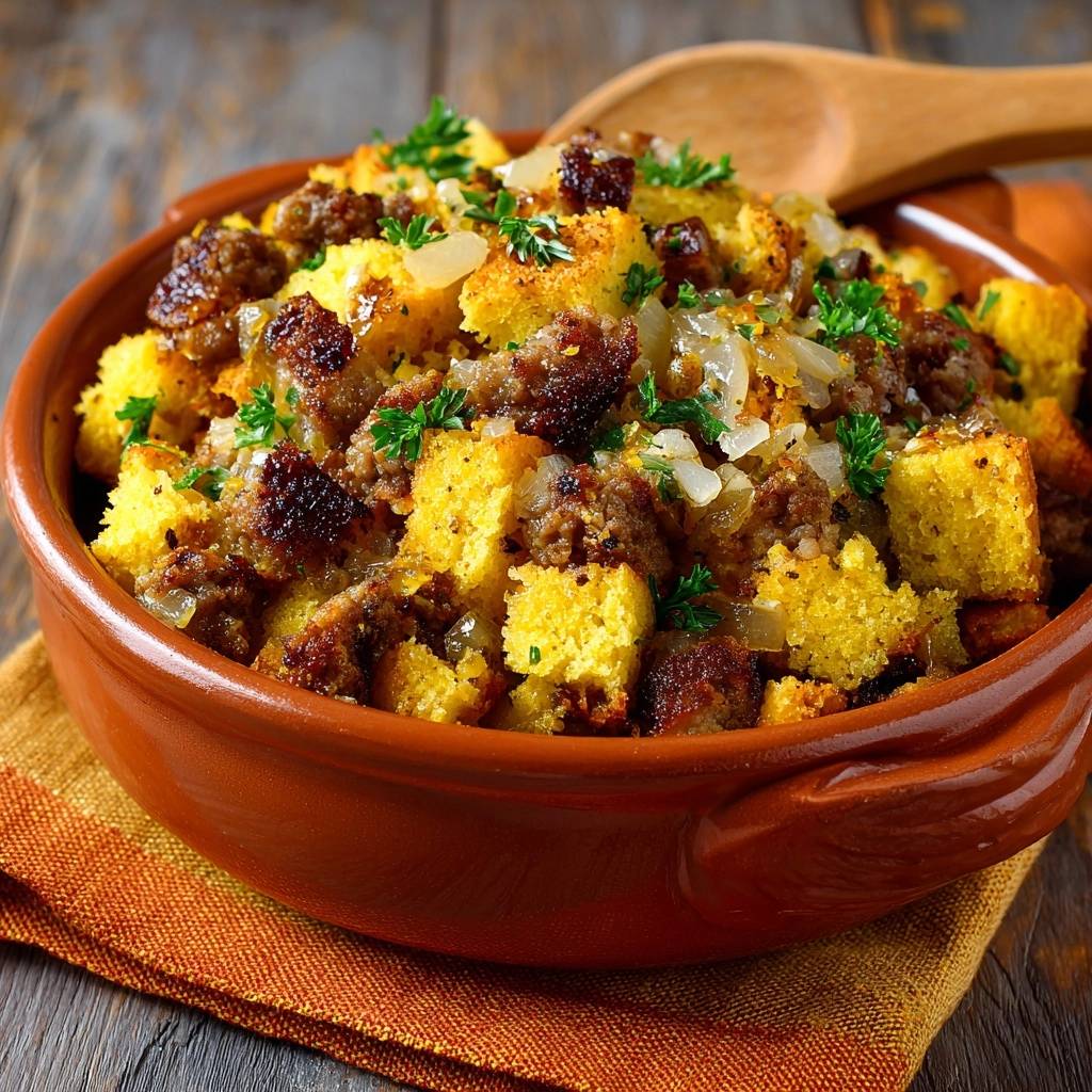 Honey-glazed meatball cornbread stuffing served in a rustic bowl, showing a close-up view of the texture and ingredients.