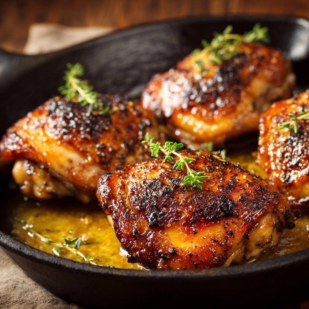 Cast iron honey thyme chicken thighs glistening in a skillet with fresh thyme sprigs.