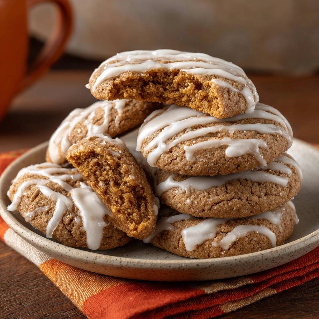 Thick chewy iced gingersnaps recipe showing a close-up cross-section of a cookie with visible texture.