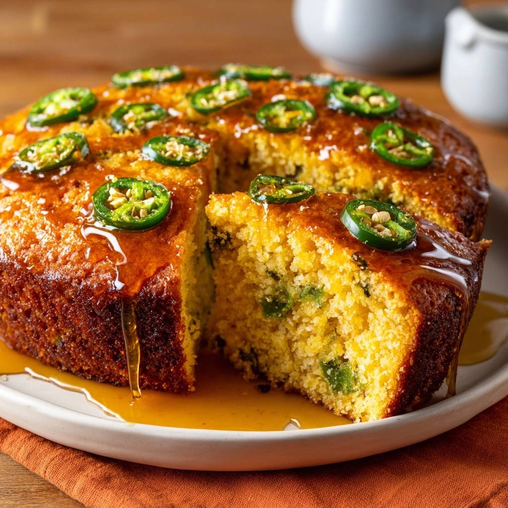 Jalapeño honey cornbread cross-section with a generous drizzle of honey and sliced jalapeños.