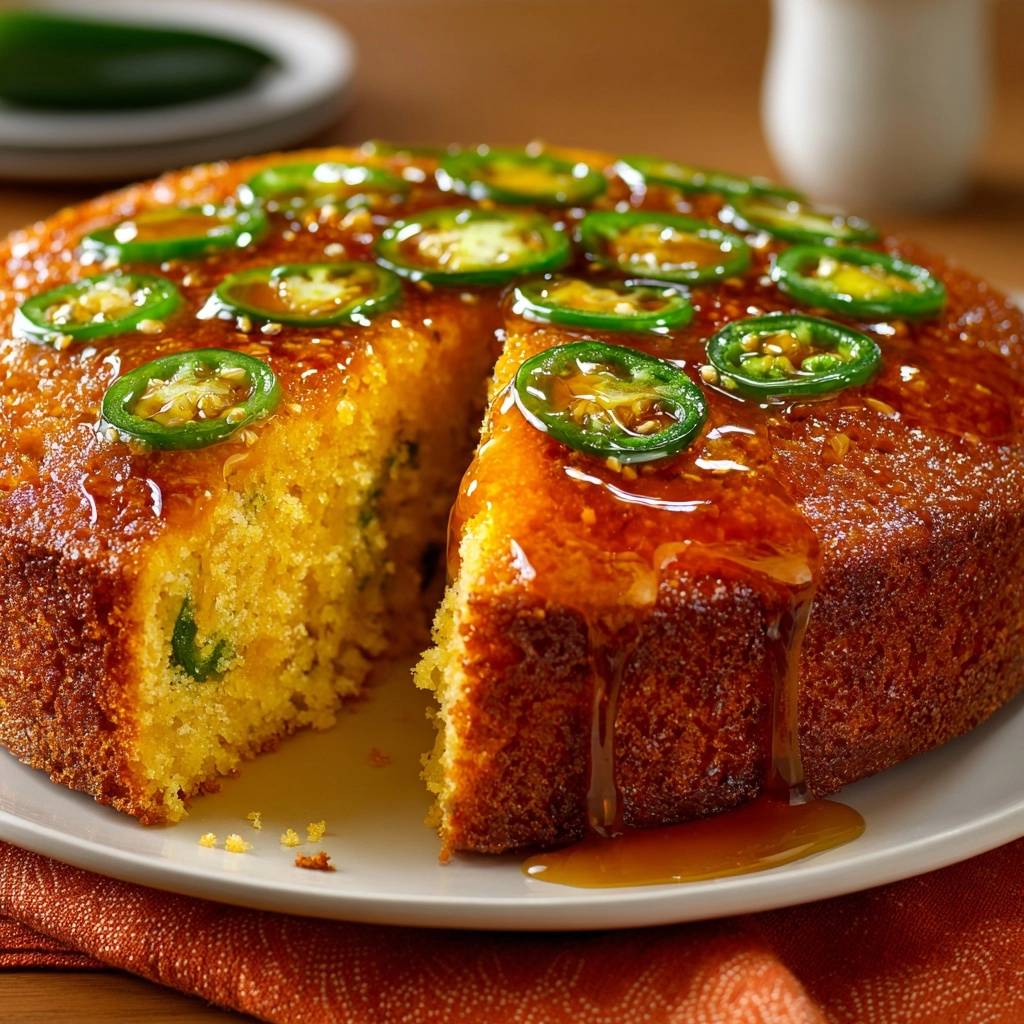 Jalapeño honey cornbread with a slice cut out, revealing the moist interior and drizzling glaze.