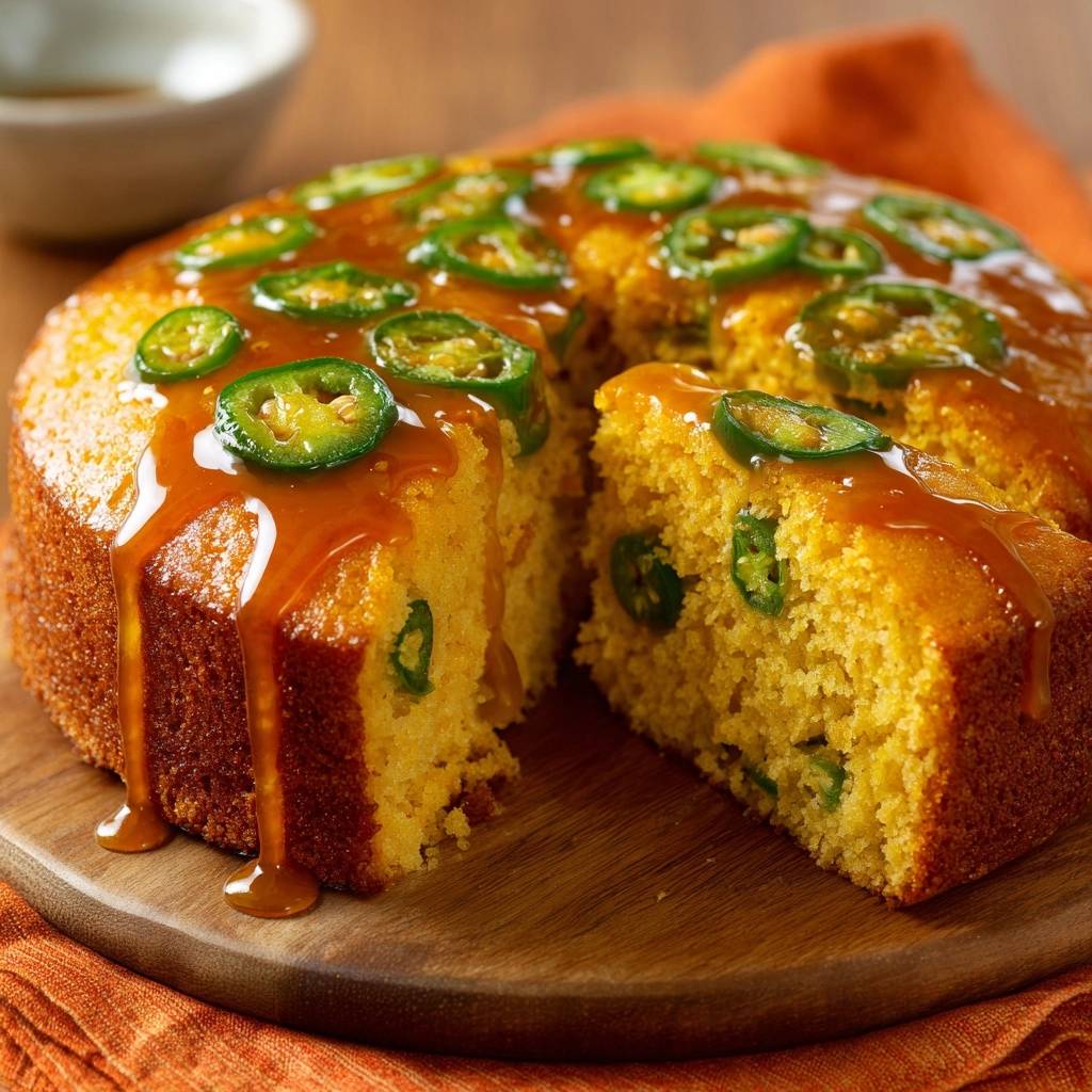 Jalapeño honey cornbread featuring a sweet glaze and visible slices of jalapeño on top and inside.