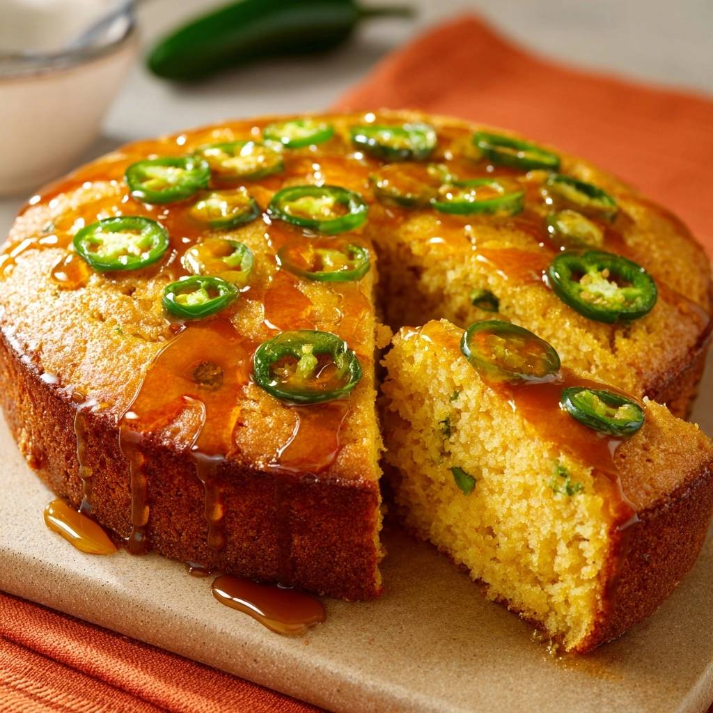 Jalapeño Honey Cornbread, a moist sweet-spicy perfection, is sliced and drizzled with golden honey glaze.