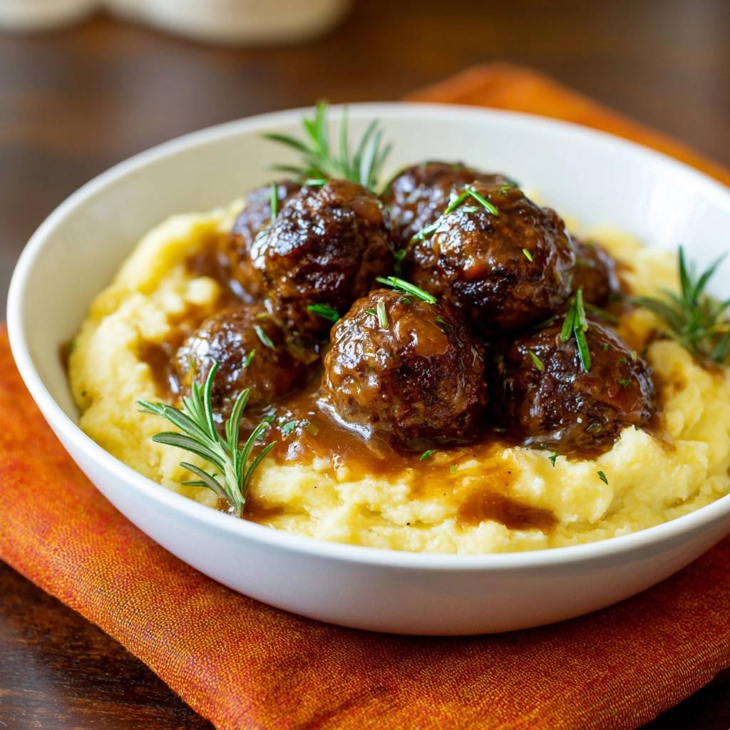 Juicy beef meatballs in rosemary gravy served over creamy mash in a white bowl, garnished with fresh rosemary sprigs.