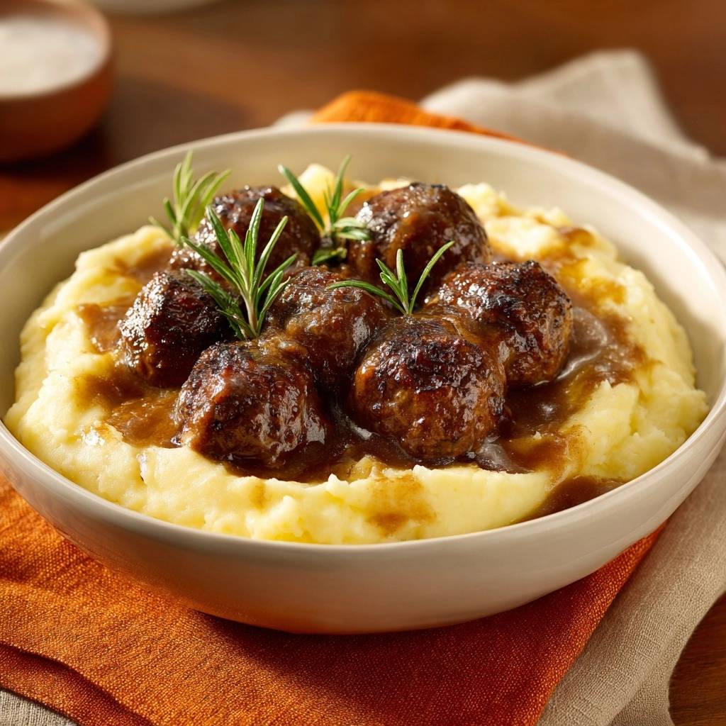 Juicy beef meatballs in rosemary gravy over creamy mash served in a bowl with fresh rosemary garnish.
