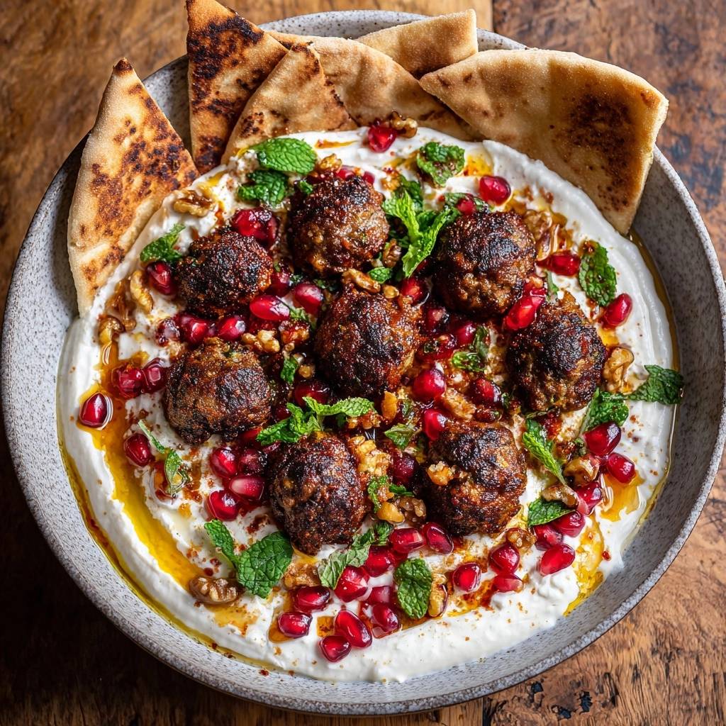 Kofta meatballs over hummus, artfully garnished with pomegranate seeds and fresh mint leaves.