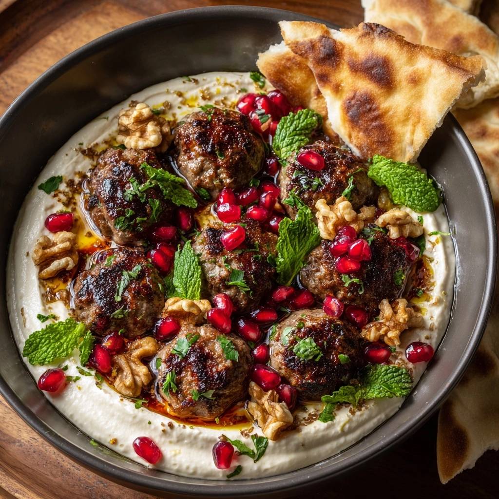 Kofta meatballs over hummus garnished with pomegranate seeds, walnuts, and mint leaves in a dark bowl.