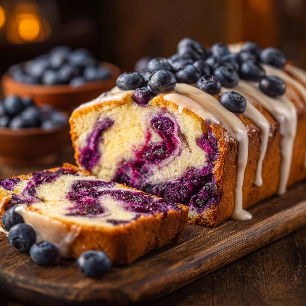 Lemon blueberry loaf with no sunk berries, showing a moist cross-section with streaks of blueberries and a drizzled glaze.