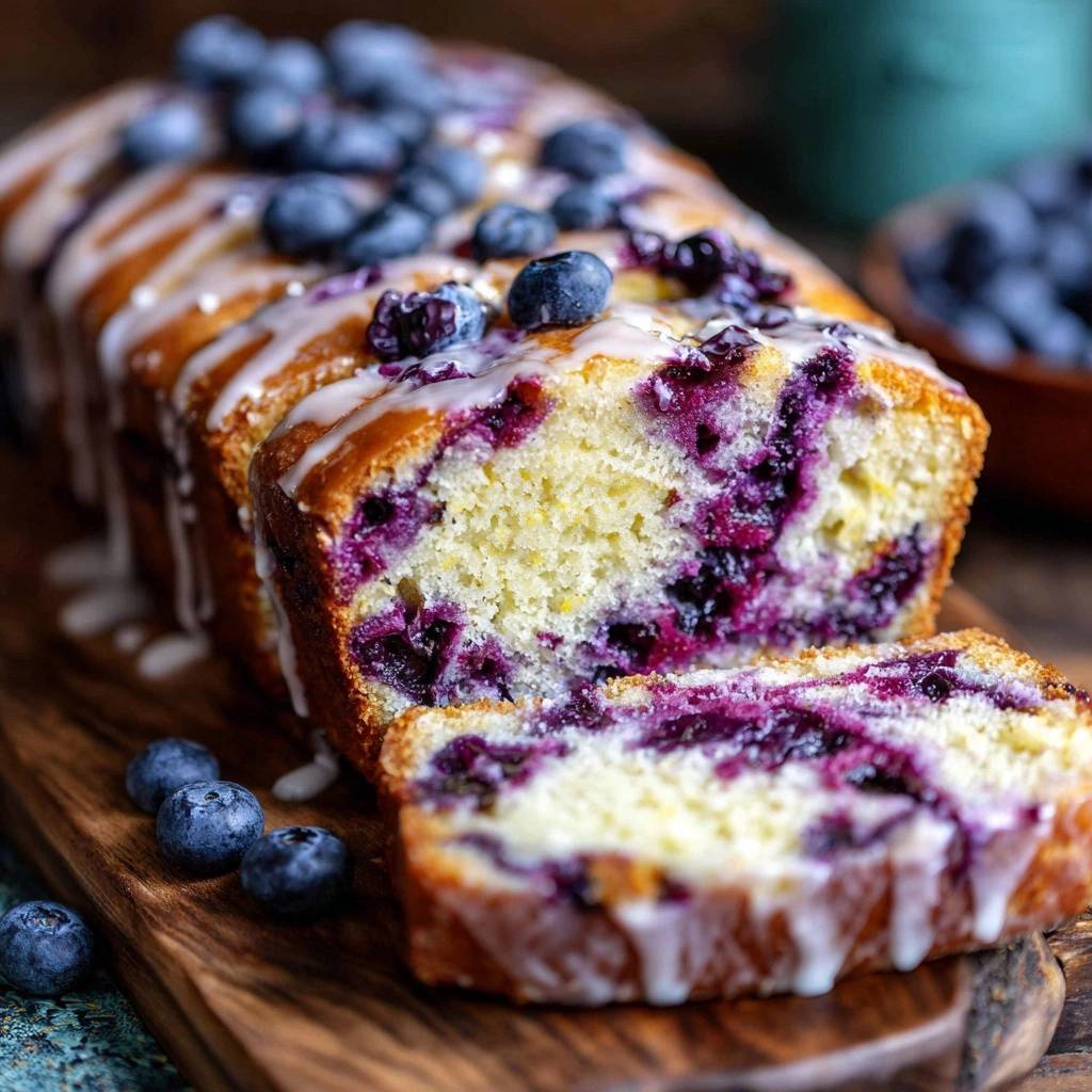 Lemon blueberry loaf with no sunk berries, showing a moist interior with plump blueberries and a sweet glaze.
