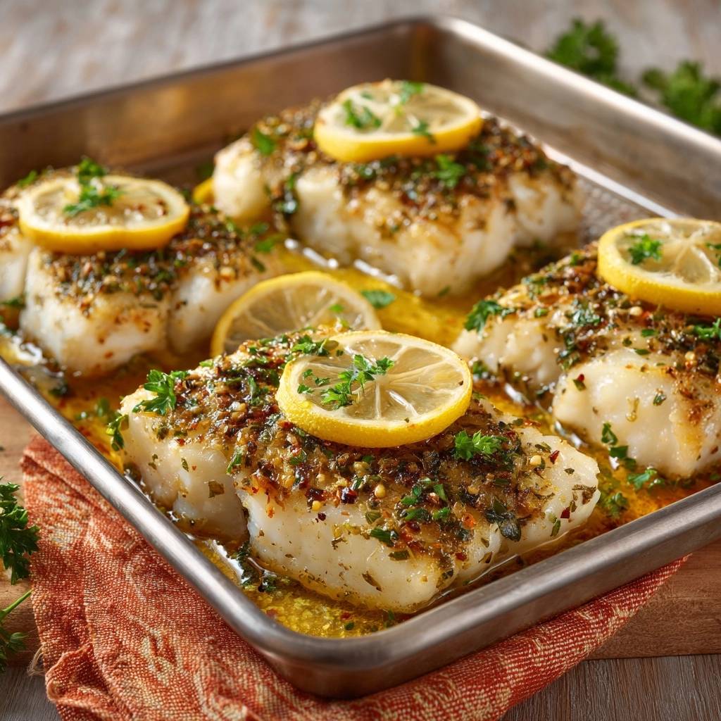 Lemon herb crusted baked cod served in a baking tray, garnished with lemon slices and fresh parsley.