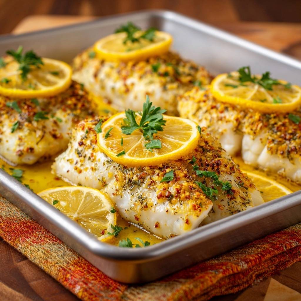 Lemon herb crusted baked cod served in a baking tray, garnished with lemon slices and fresh parsley.