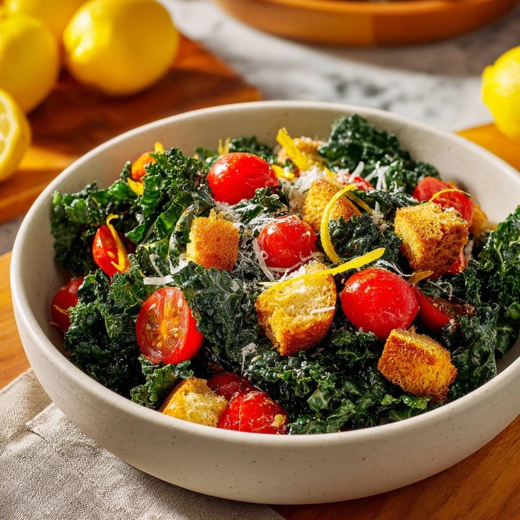 Lemon Parmesan Kale Salad shown in a close-up view within a rustic bowl, featuring cherry tomatoes and croutons.