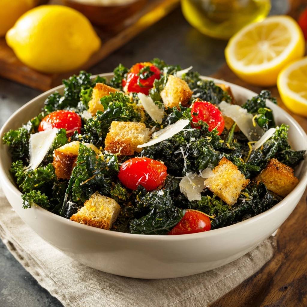 Lemon Parmesan Kale Salad in a bowl with cherry tomatoes, croutons, and shaved cheese, viewed up close.