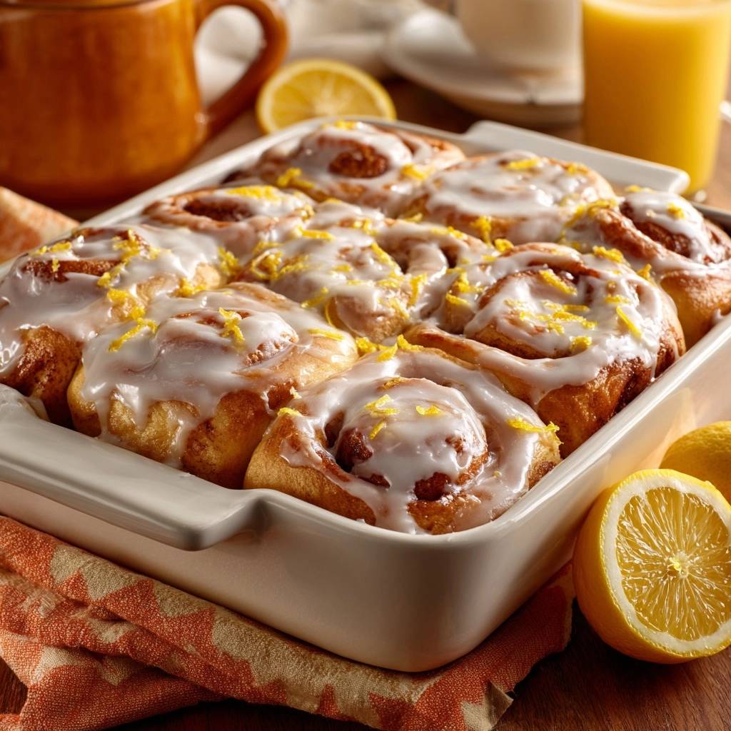 Lemon rolls with fluffy tangzhong magic baked in a white baking pan, garnished with lemon zest.