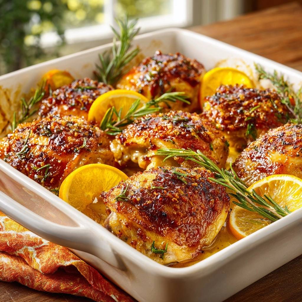 Lemon rosemary chicken thighs baked in a white dish with orange slices and fresh rosemary garnish.