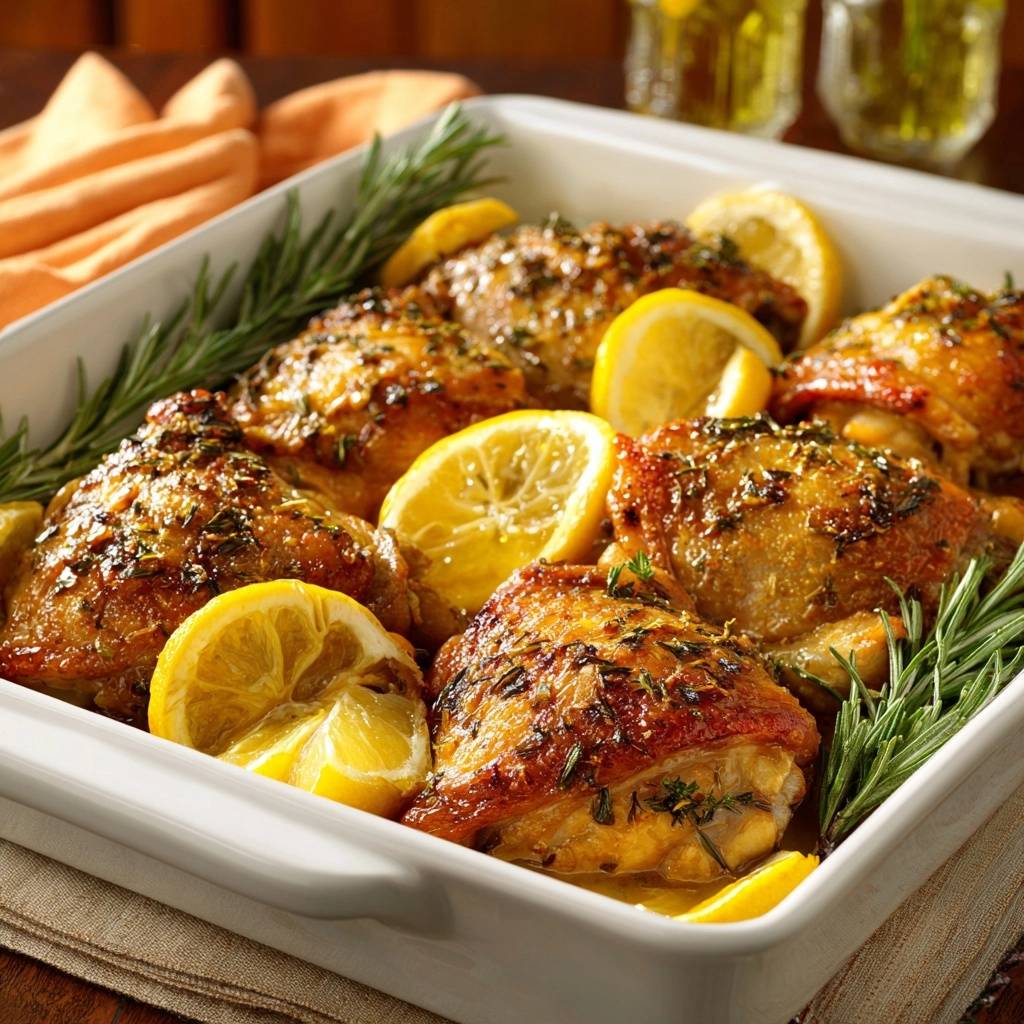 Lemon rosemary chicken thighs baked in a white dish with fresh lemon slices and rosemary sprigs.