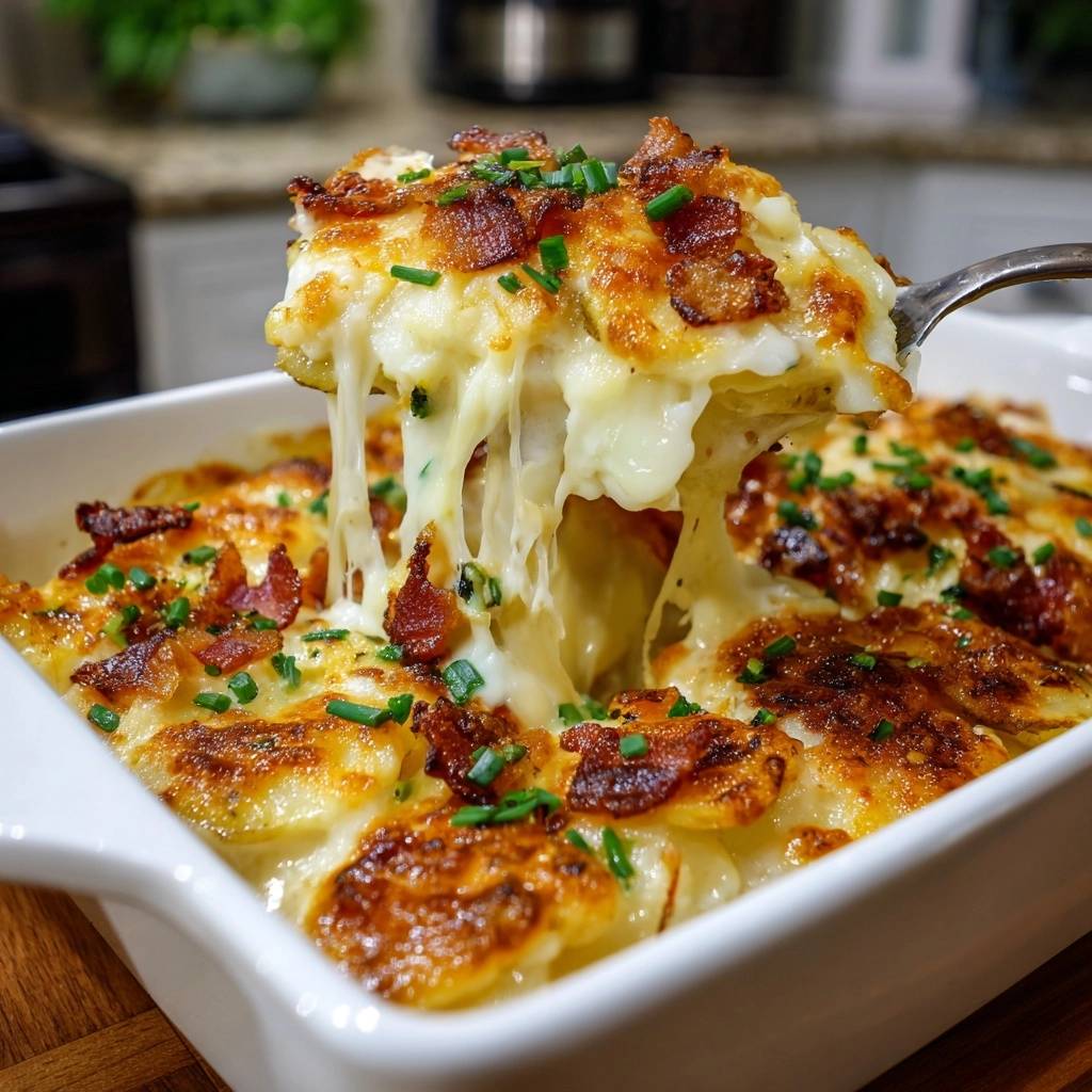 Loaded bacon cheddar scalloped potatoes being served, showing a gooey cheese pull with bacon and chives.