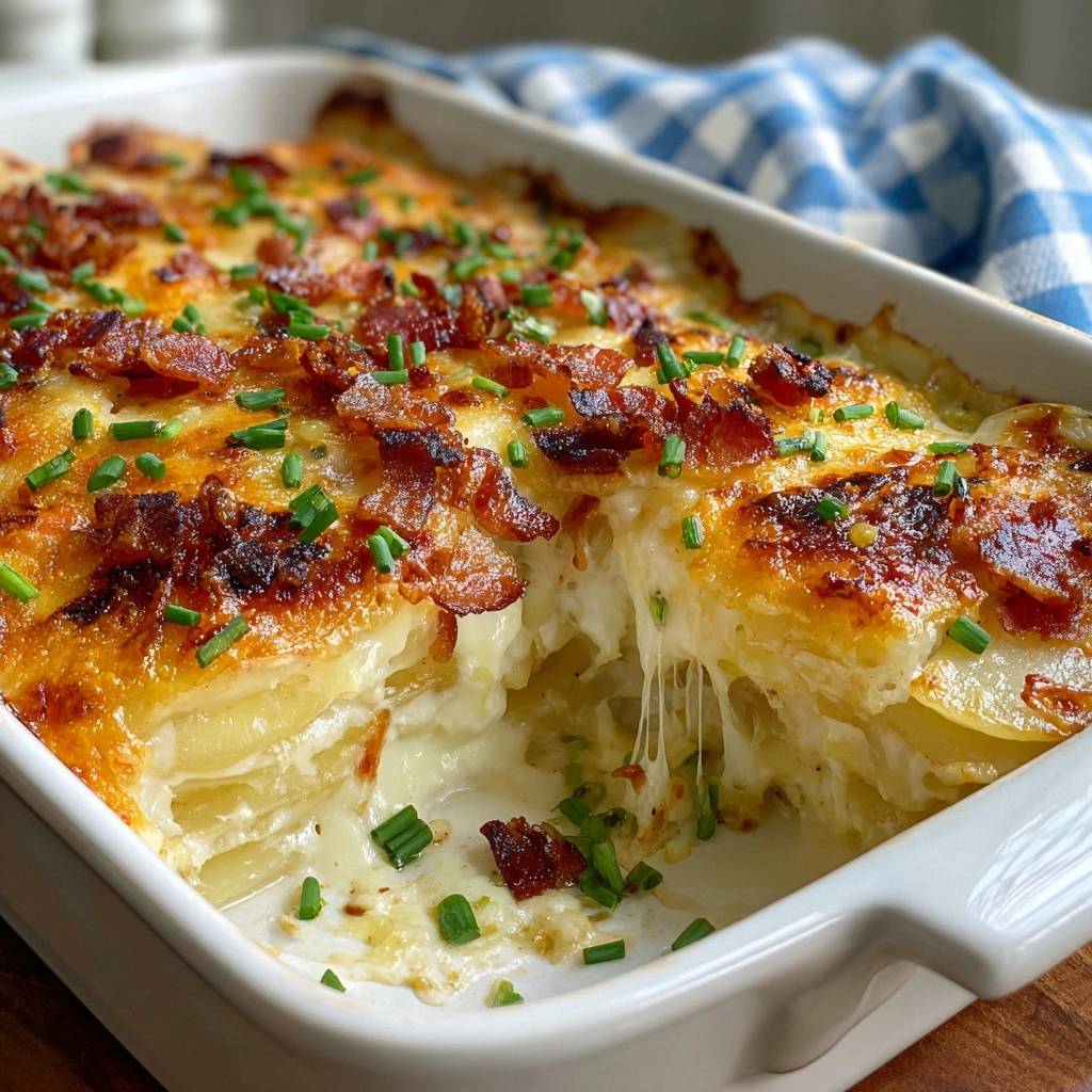 Loaded bacon cheddar scalloped potatoes showing a delicious cross-section with melted cheese pulling.