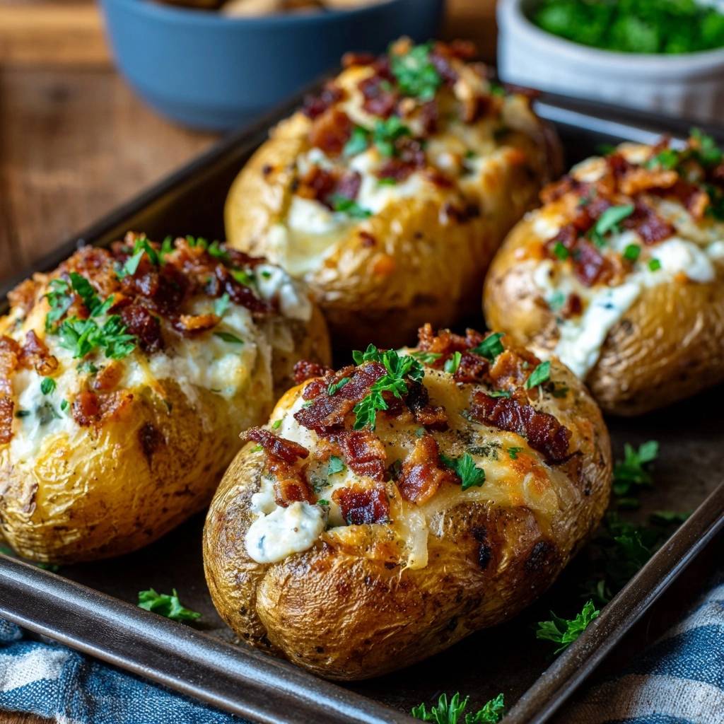 Loaded bacon cheese baked potatoes served on a dark baking tray, topped with fresh parsley.