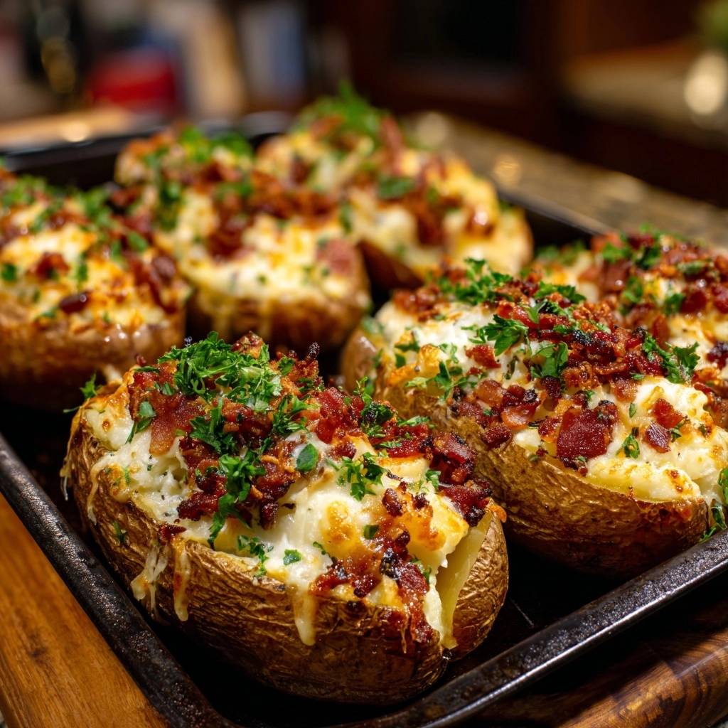 Loaded bacon cheese baked potatoes served on a black baking tray, showing a close-up of the cheesy, bacon-topped interiors.