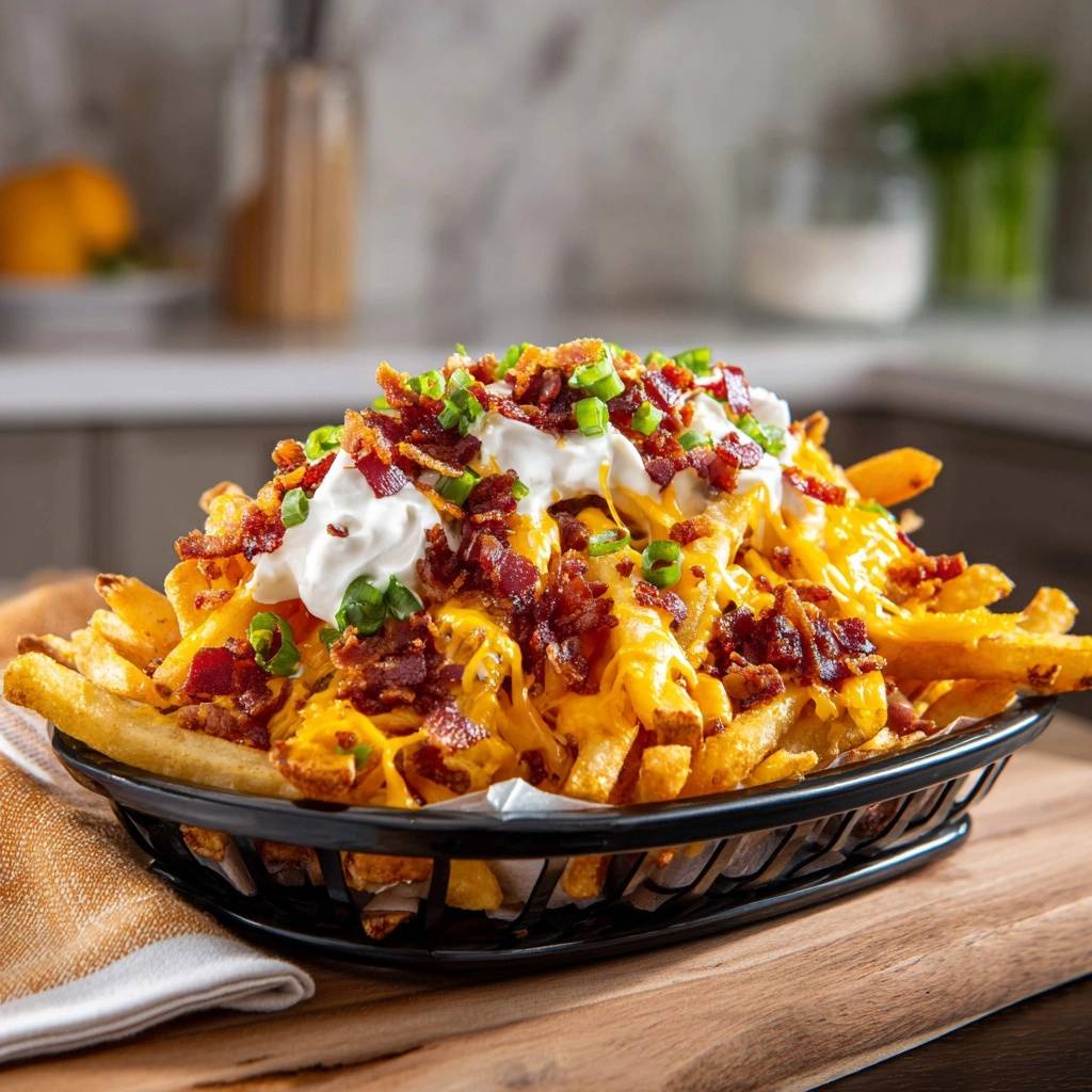 Loaded bacon cheese fries piled high in a black basket, topped with sour cream, cheese, bacon, and green onions.