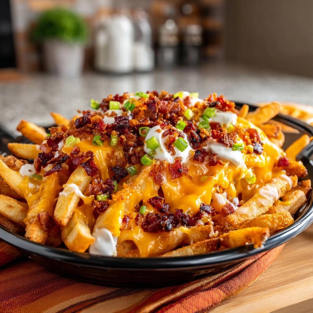 Loaded bacon cheese fries generously topped with melted cheddar, crispy bacon, and sour cream.