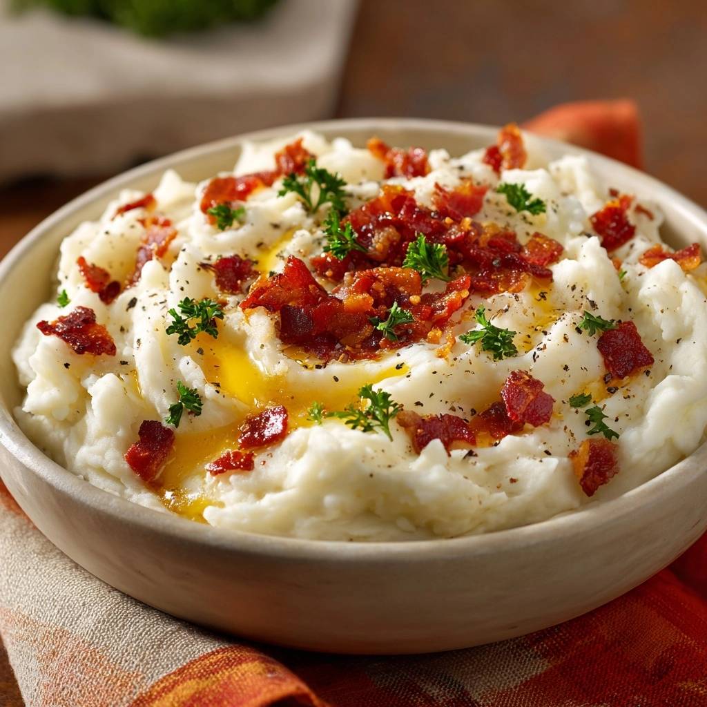 Loaded bacon mashed potatoes glistening with melted butter and topped with crispy bacon bits and fresh parsley.