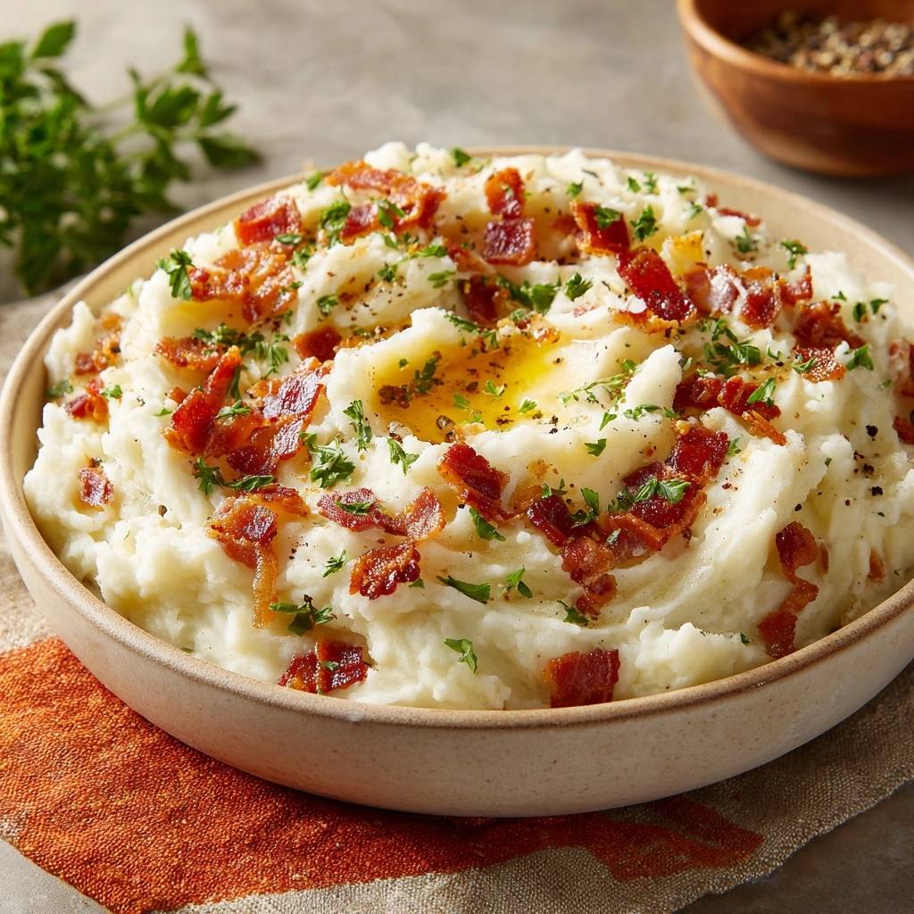Loaded bacon mashed potatoes topped with crumbled bacon, parsley, and a pat of butter.