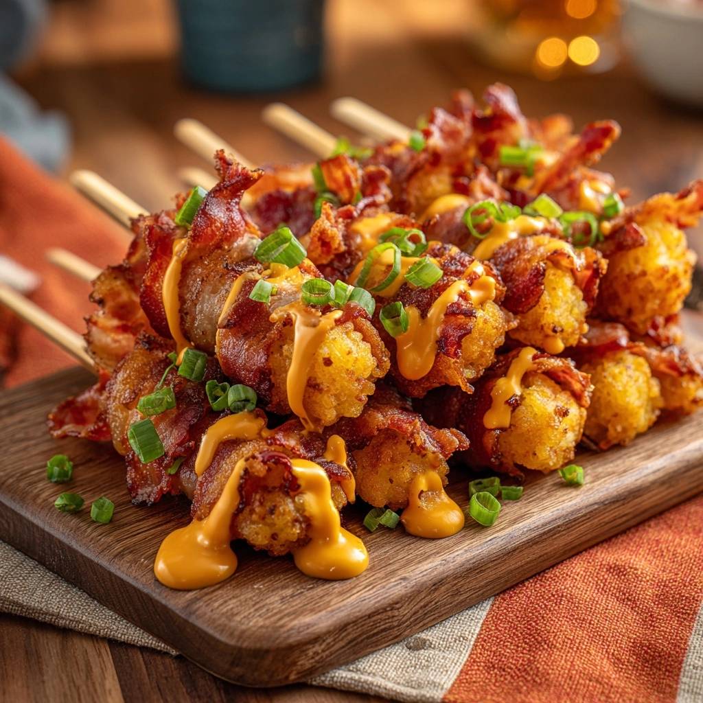 Loaded bacon-wrapped tater tot skewers drizzled with cheese sauce and garnished with green onions.